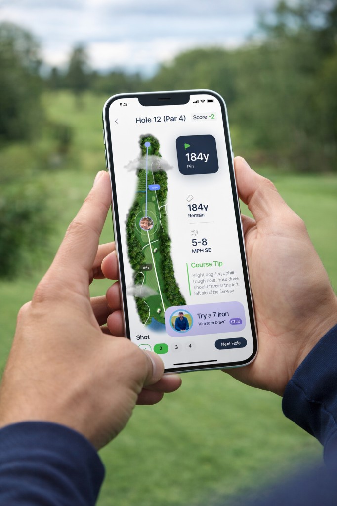 Golf GPS and caddie app on a phone: hole map, pin distance, wind, and shot suggestion